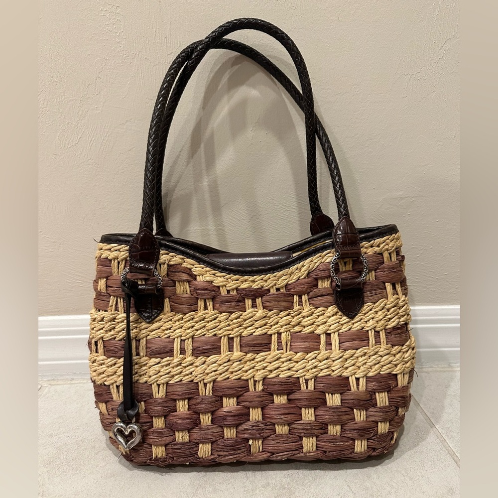 Brighton Brown and Tan Woven Tote with Leather Trim